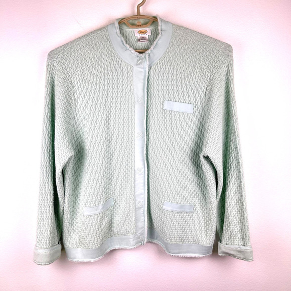 Vintage Talbots Mint Green Heavy Cotton Textured Knit Snap Button Jacket Size 3X - Picture 1 of 10